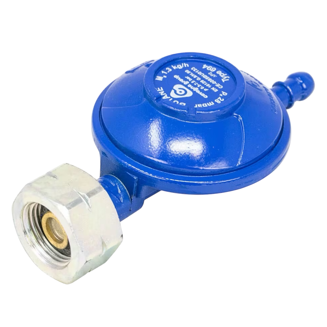 Butane Regulator 28mbar - 8mm Outlet | Screw on Butane Gas Regulator | ThomasTouring.co.uk