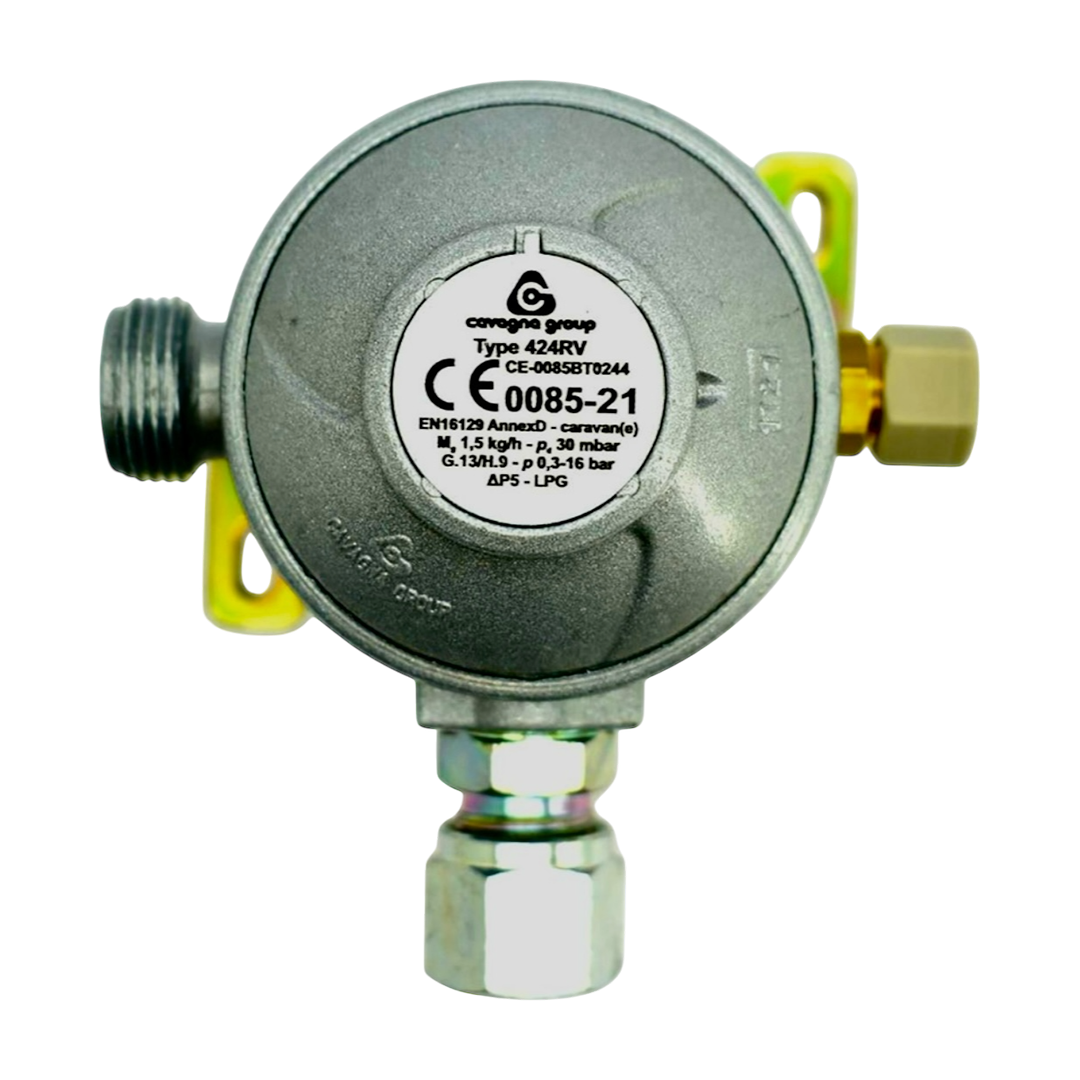 Cavagna 30mbar Gas Regulator 10mm 90º 424RV | Caravan/Motorhome Gas Regulator | ThomasTouring.co.uk