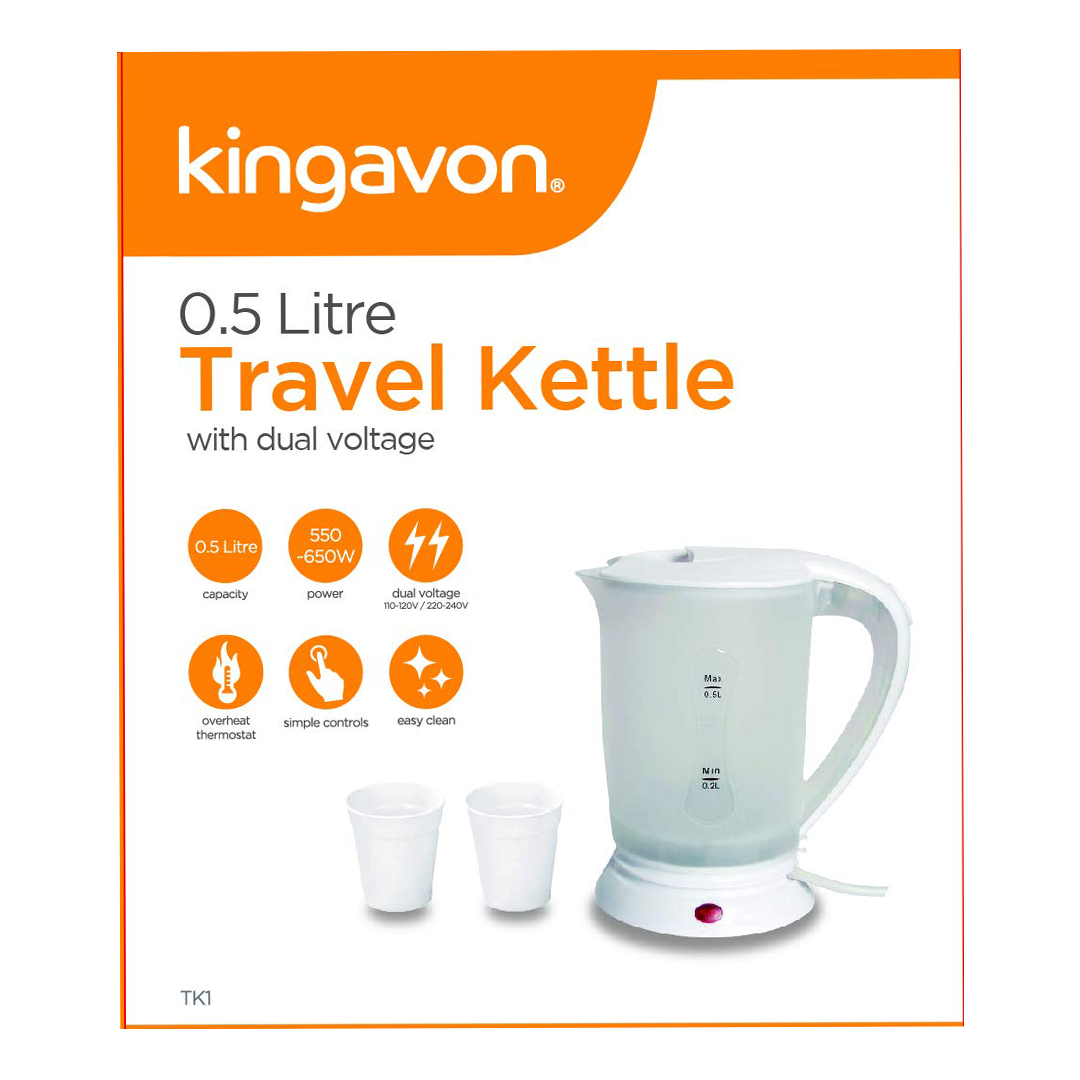 Kingavon Travel Kettle With Cups - 0.5L Dual Voltage | 5011976021963 | ThomasTouring.co.uk